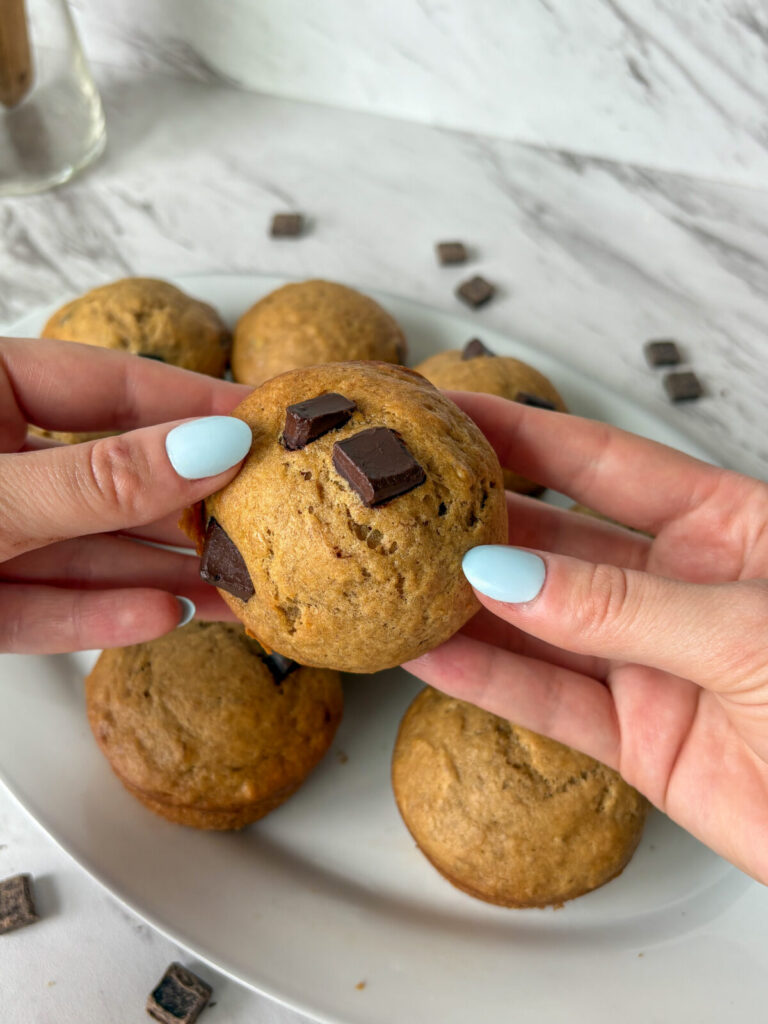 Hands holding a banana muffin with melted chocolate chunks on top, made with sourdough discard.